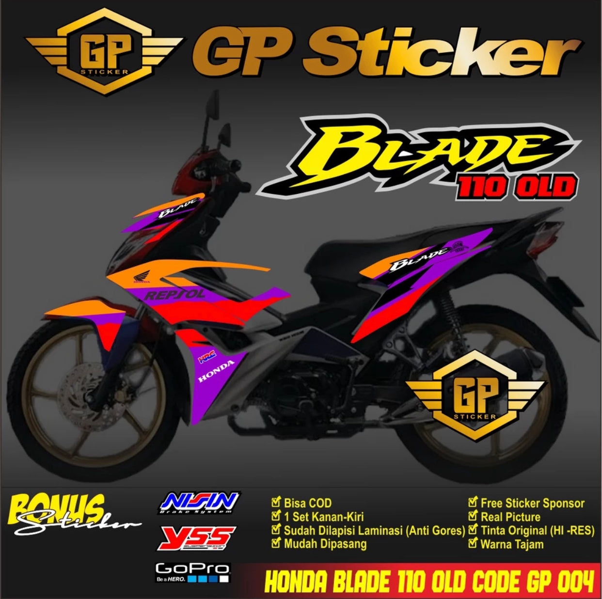 Honda BLADE 110 R OLD MOTORCYCLE STICKER - HONDA BLADE 110 OLD REPSOL GP 004 MOTORCYCLE STRIPING STICKER -By Sea Courier Method 🚢📦