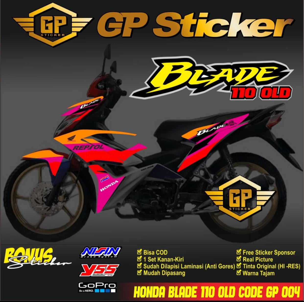 Honda BLADE 110 R OLD MOTORCYCLE STICKER - HONDA BLADE 110 OLD REPSOL GP 004 MOTORCYCLE STRIPING STICKER -By Sea Courier Method 🚢📦