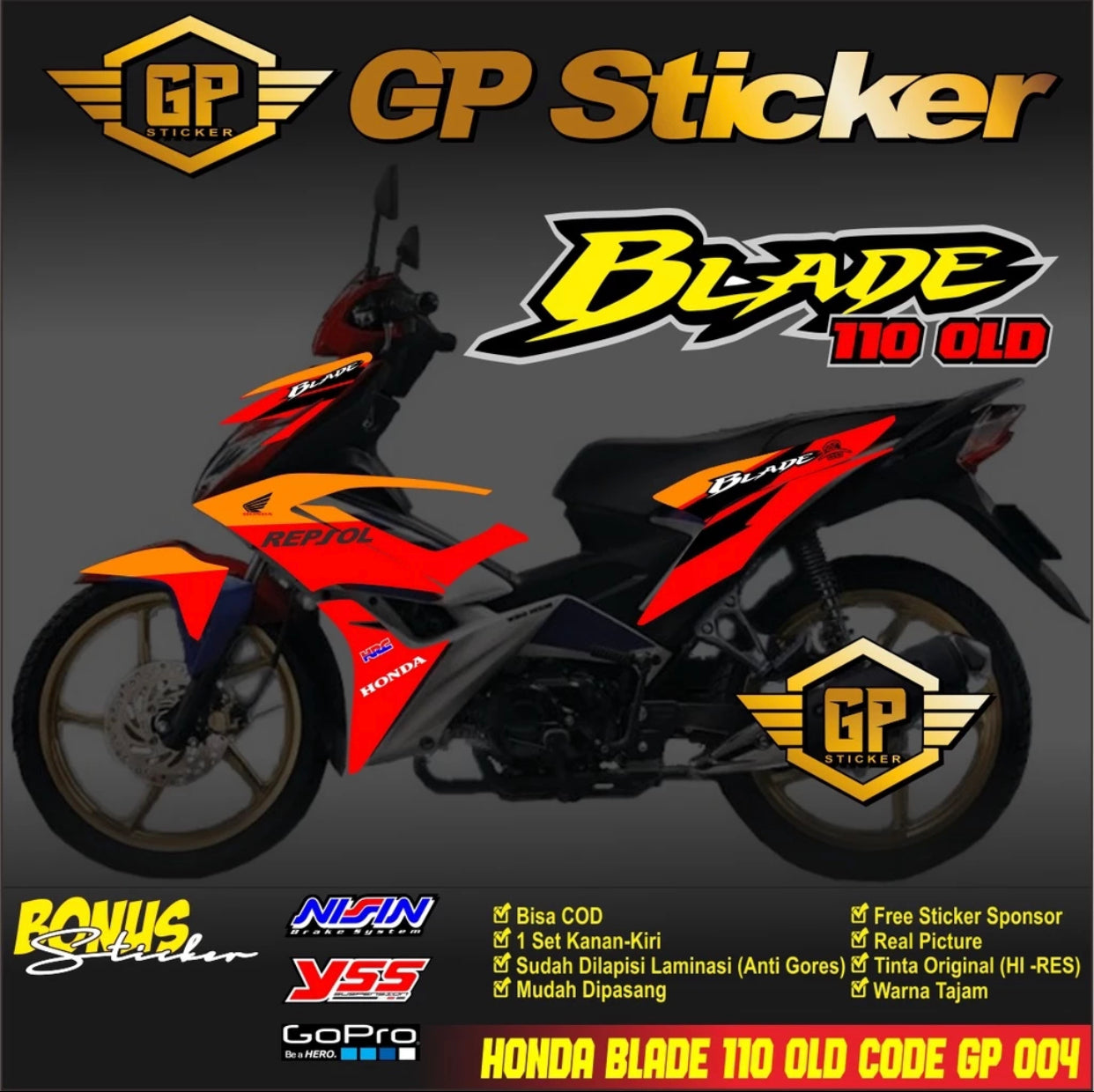Honda BLADE 110 R OLD MOTORCYCLE STICKER - HONDA BLADE 110 OLD REPSOL GP 004 MOTORCYCLE STRIPING STICKER -By Sea Courier Method 🚢📦