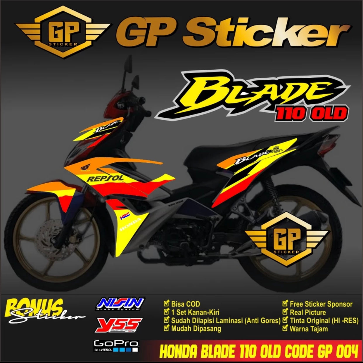 Honda BLADE 110 R OLD MOTORCYCLE STICKER - HONDA BLADE 110 OLD REPSOL GP 004 MOTORCYCLE STRIPING STICKER -By Sea Courier Method 🚢📦