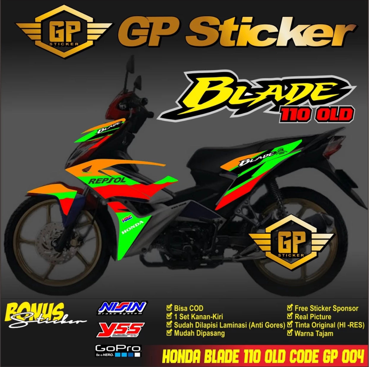 Honda BLADE 110 R OLD MOTORCYCLE STICKER - HONDA BLADE 110 OLD REPSOL GP 004 MOTORCYCLE STRIPING STICKER -By Sea Courier Method 🚢📦