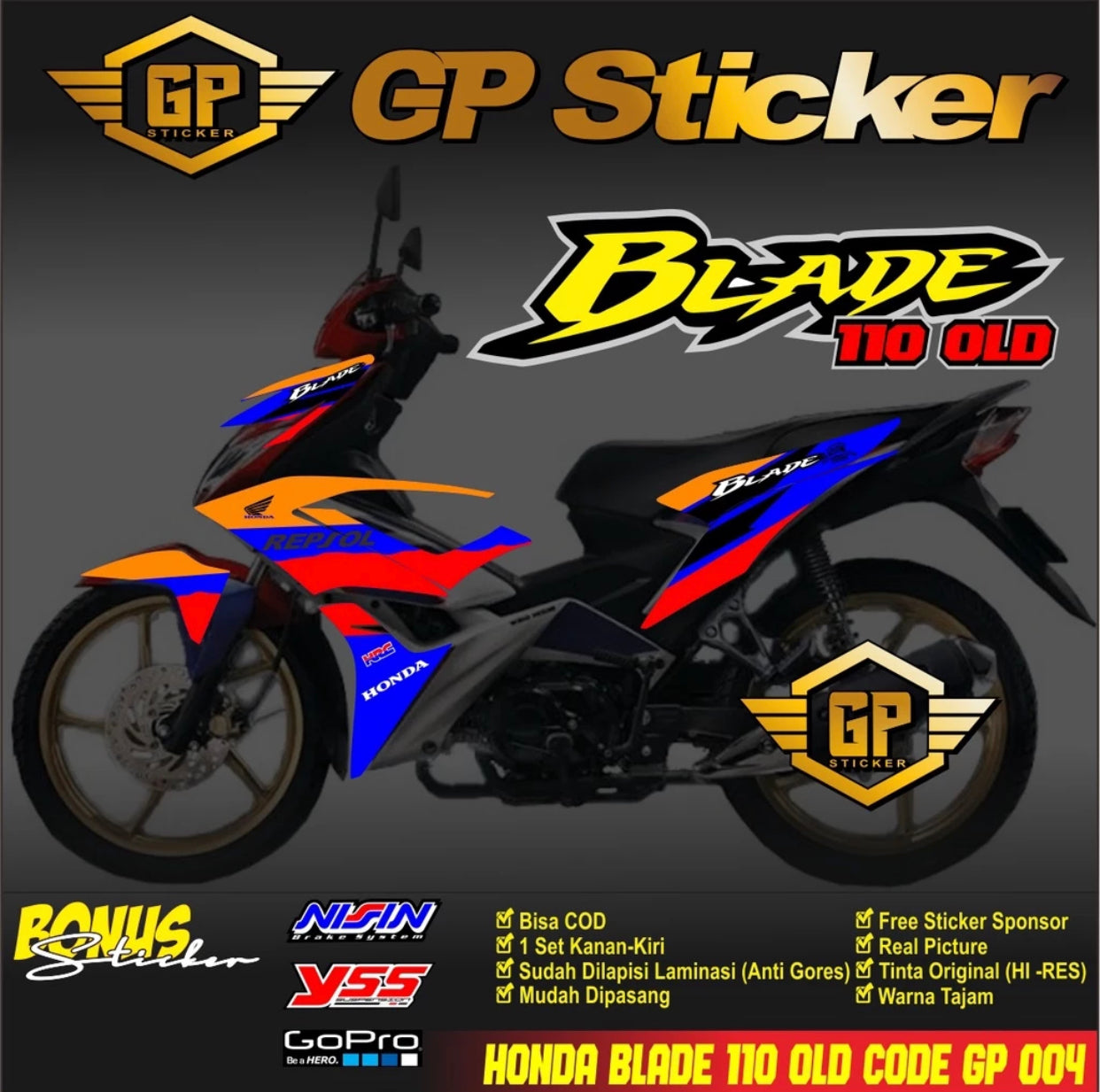 Honda BLADE 110 R OLD MOTORCYCLE STICKER - HONDA BLADE 110 OLD REPSOL GP 004 MOTORCYCLE STRIPING STICKER -By Sea Courier Method 🚢📦
