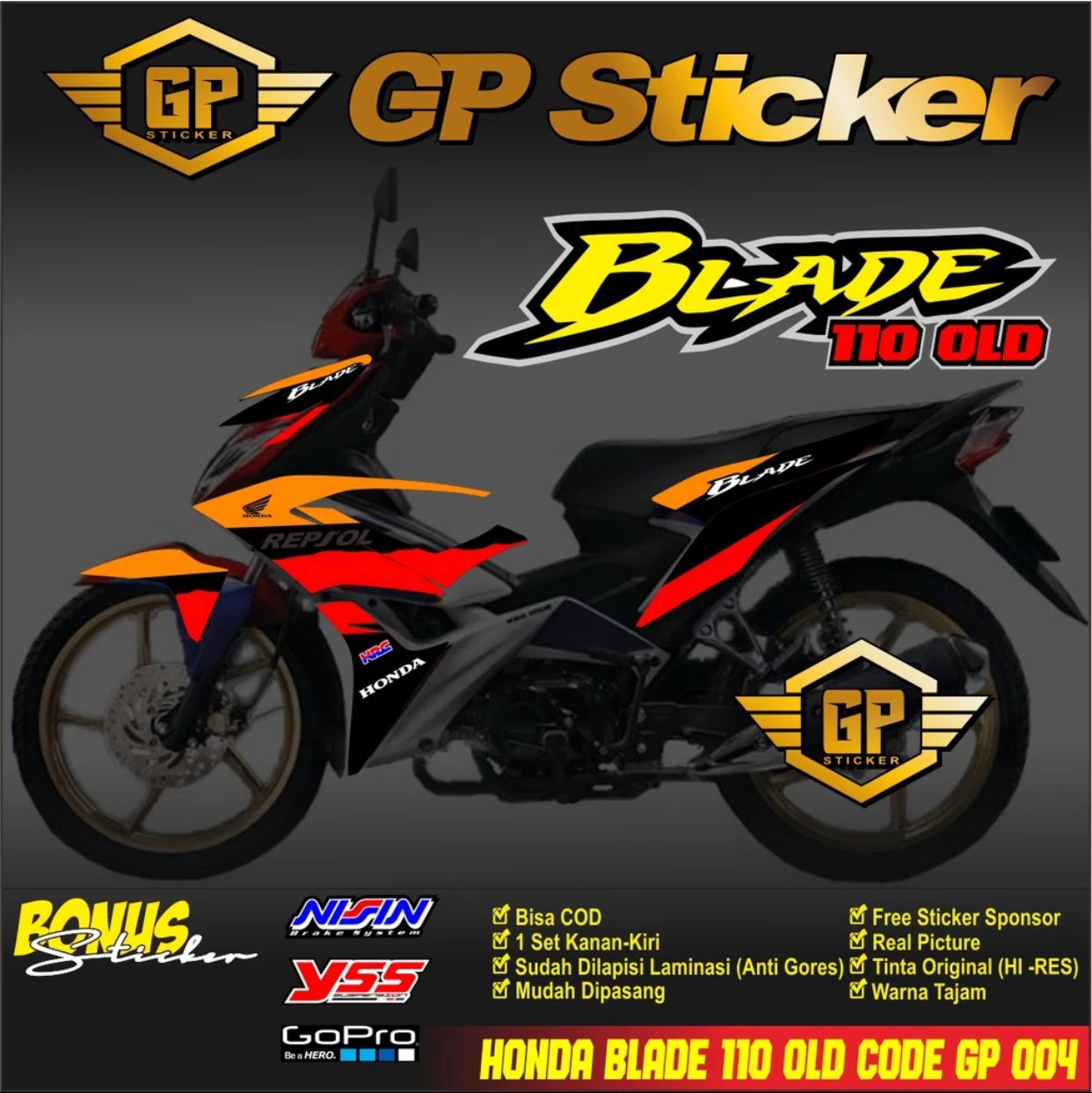 Honda BLADE 110 R OLD MOTORCYCLE STICKER - HONDA BLADE 110 OLD REPSOL GP 004 MOTORCYCLE STRIPING STICKER -By Sea Courier Method 🚢📦