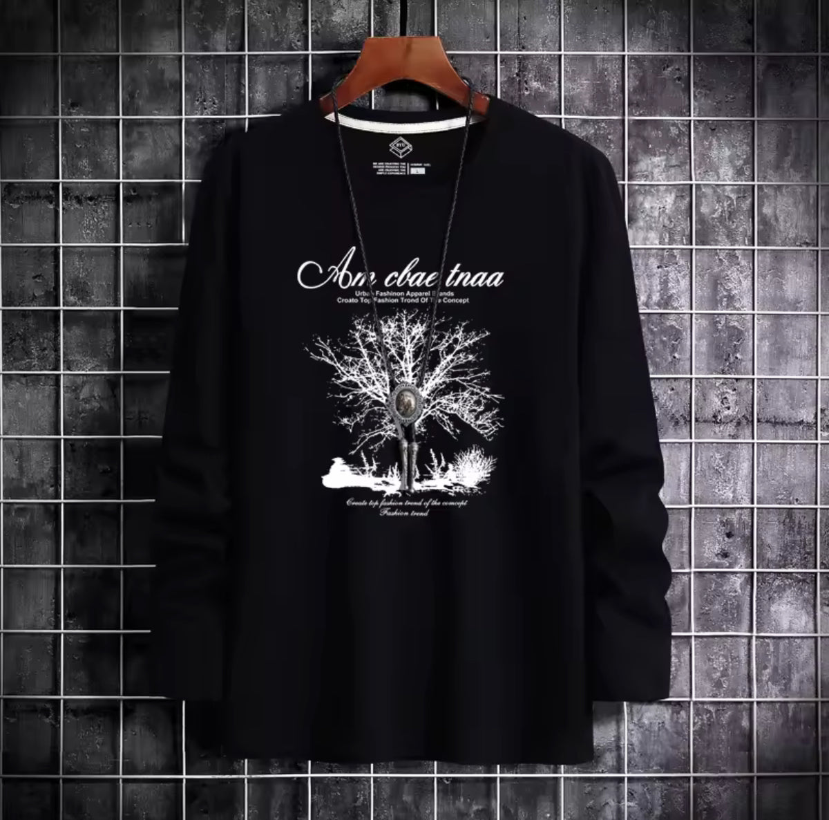 Loose Fit Men's Long Sleeve T-Shirt Pure Cotton Black Printed Thin Style Autumn Base Shirt Trendy Brand Casual Youth Fashion -By Sea Courier Method 🚢📦