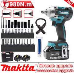 MAKITA 18V Cordless Electric Wrench 2 Batteries 6200rpm 980 NM Impact Wrench Battery Gun Powerful Auto Repair Shelf Air Cannon Unscrewing Machine Household Screwdriver Power Tools -By Sea Courier Method 🚢🎁