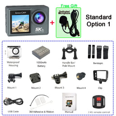 5K 4K60FPS Action Camera Dual IPS Touch LCD EIS 170° 30M Waterproof 5X Zoom Go Sport Pro Camera With Wireless Mic & Remote Control