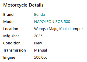 NEW 2025 Benda NAPOLEON BOB 500 - Location Kuala Lumpur