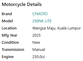 NEW 2025 CFMOTO 250NK LITE - Location Kuala Lumpur