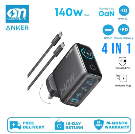 Anker A2697 Laptop Charger, 140W USB-C Charger, 4-Port Multi-Device With 5ft 240W USB-C Fast Charging, Advanced GaN -By Sea Courier Method 🚢📦