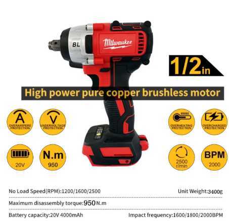 Mil-M18 FUEL™ 1/2"-950Nm Cordless Electric Impact Wrench for Car Home High Torque Wrench Full Socket -By Sea Courier Method 🚢📦
