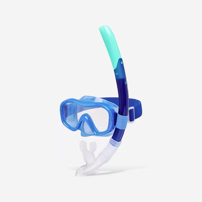 Adult snorkelling anti-fog mask and valve snorkel set, 100 Blue