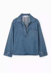 Collared V-Neck Denim Top