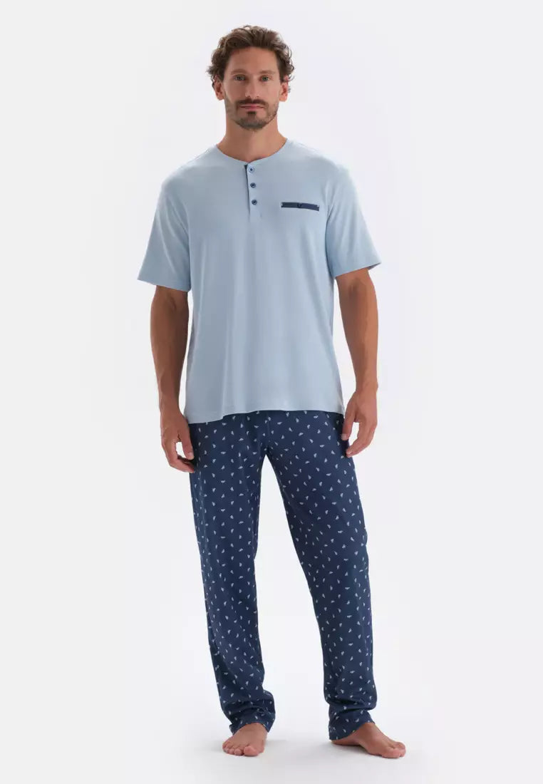 Blue T-Shirt & Trousers Knitwear Set, Crew Neck, Regular Fit, Long Leg, Short Sleeve Sleepwear for Men