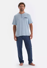 Blue T-Shirt & Trousers Knitwear Set, Crew Neck, Regular Fit, Long Leg, Short Sleeve Sleepwear for Men