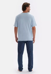 Blue T-Shirt & Trousers Knitwear Set, Crew Neck, Regular Fit, Long Leg, Short Sleeve Sleepwear for Men