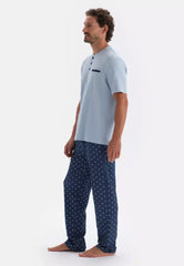 Blue T-Shirt & Trousers Knitwear Set, Crew Neck, Regular Fit, Long Leg, Short Sleeve Sleepwear for Men