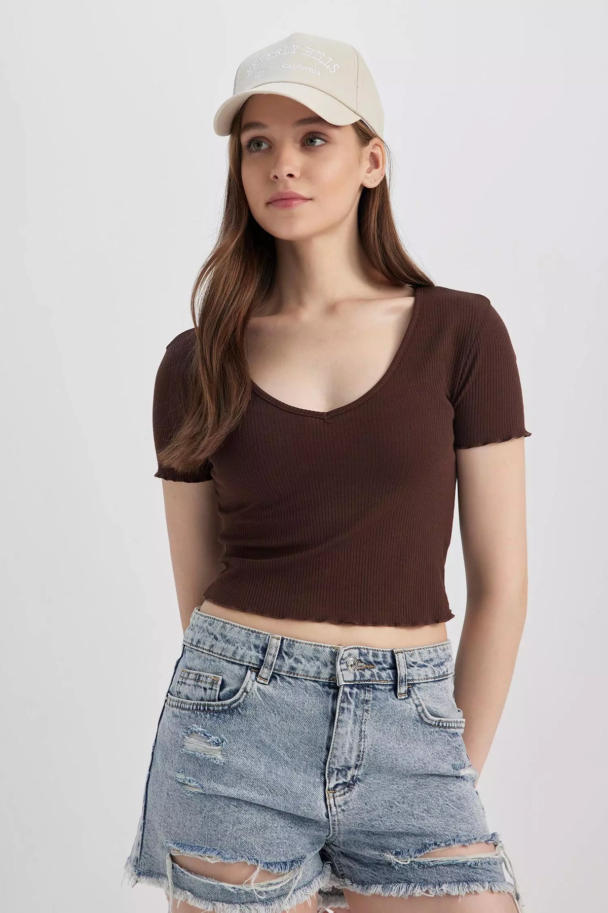 V-Neck Basic Crop Short Sleeve T-Shirt