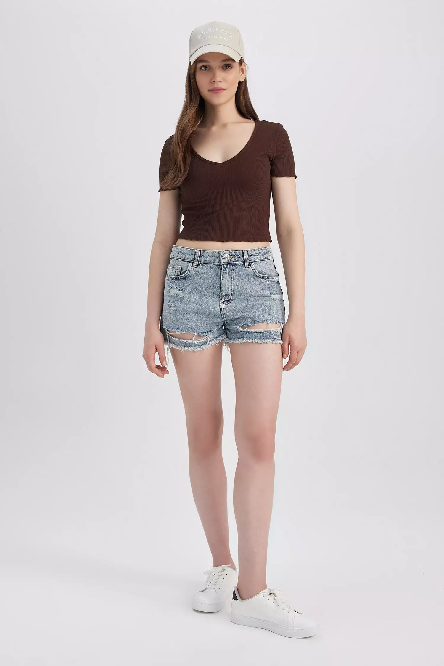 V-Neck Basic Crop Short Sleeve T-Shirt