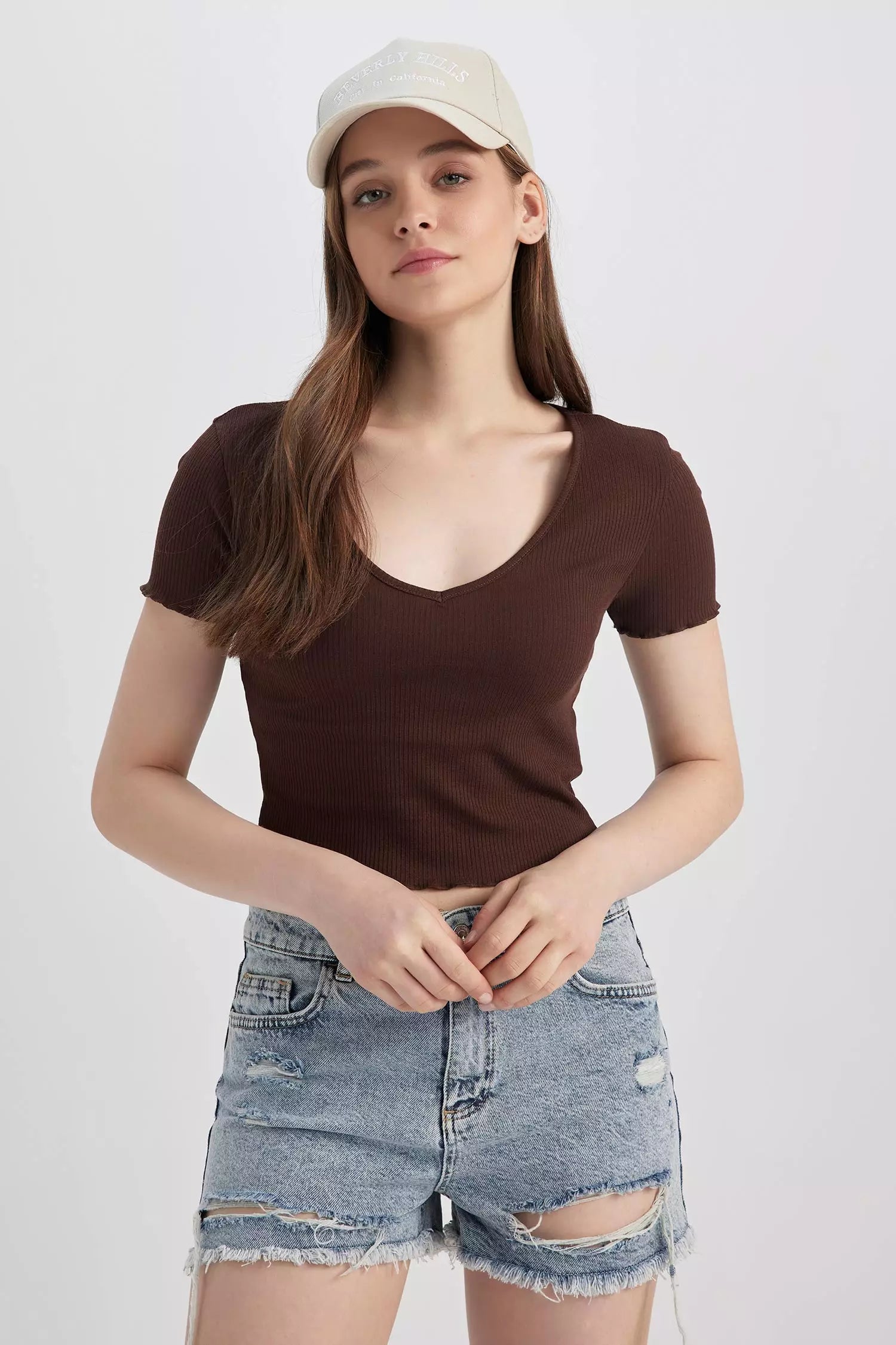 V-Neck Basic Crop Short Sleeve T-Shirt