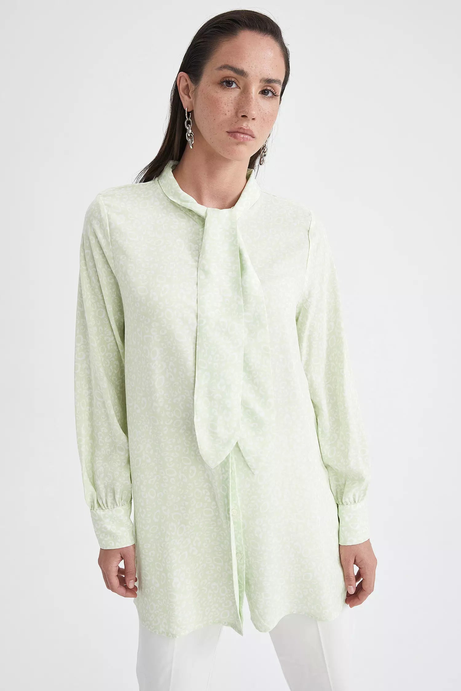 Relaxed Fit Scarf Neck Long Sleeve Viscose Tunic Shirt