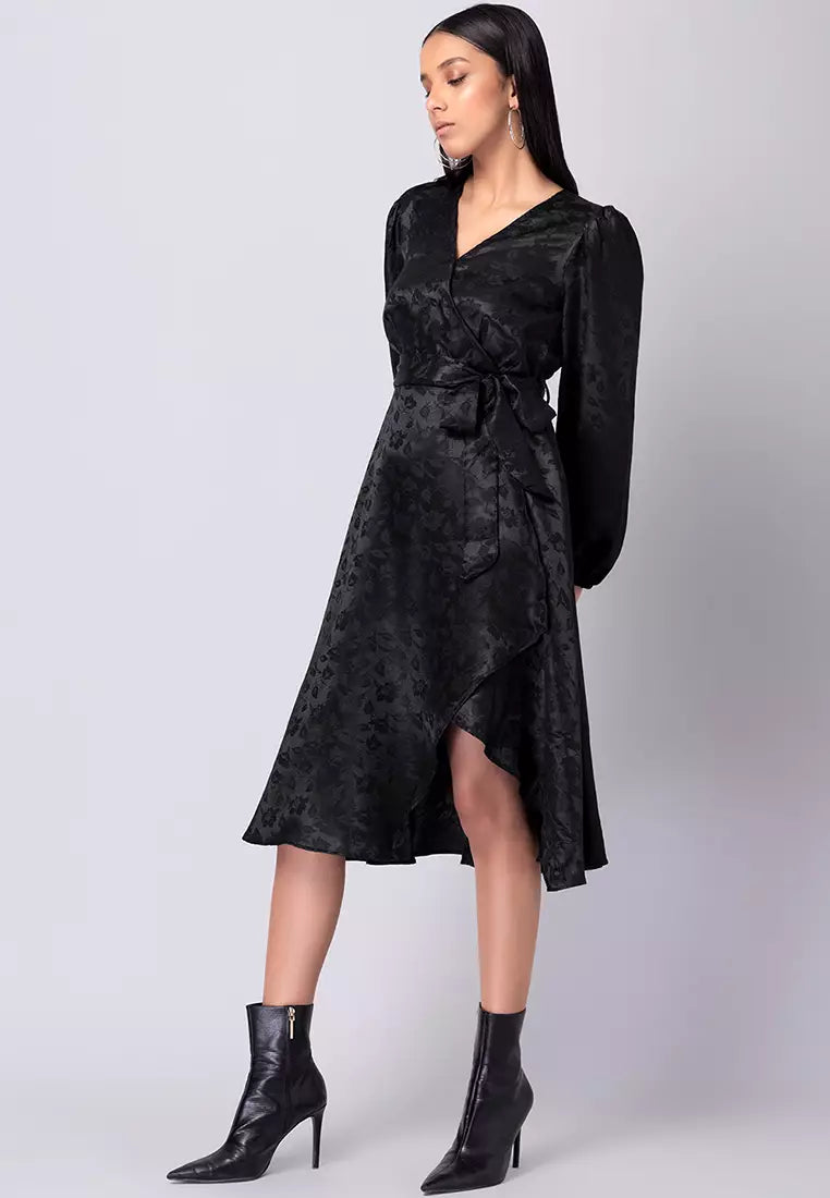 Black Satin Wrap Midi Dress With Belt Dhivehi Cart Black Satin Wrap Midi Dress With Belt Dhivehi Cart
