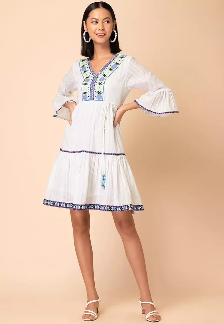 Off White Thread Embroidered Tiered Dress