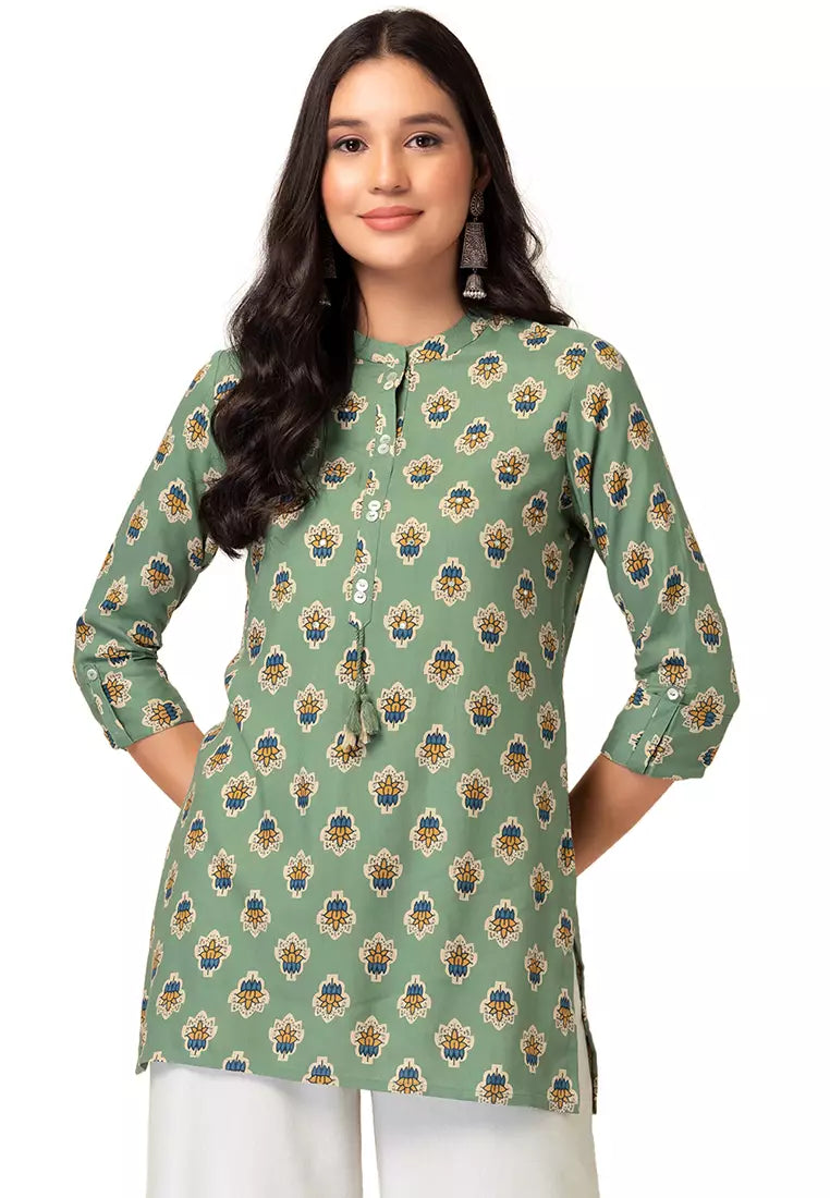 Sage Green Floral Boota Print Rayon Short Kurta