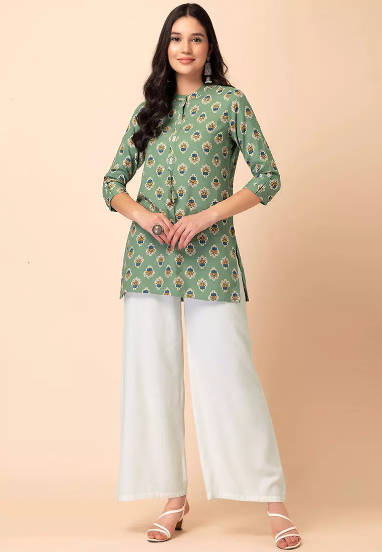 Sage Green Floral Boota Print Rayon Short Kurta