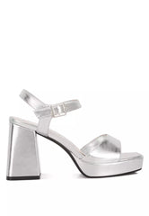 Silver Metallic Faux Leather Block Heel Sandals