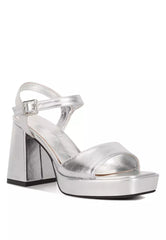 Silver Metallic Faux Leather Block Heel Sandals