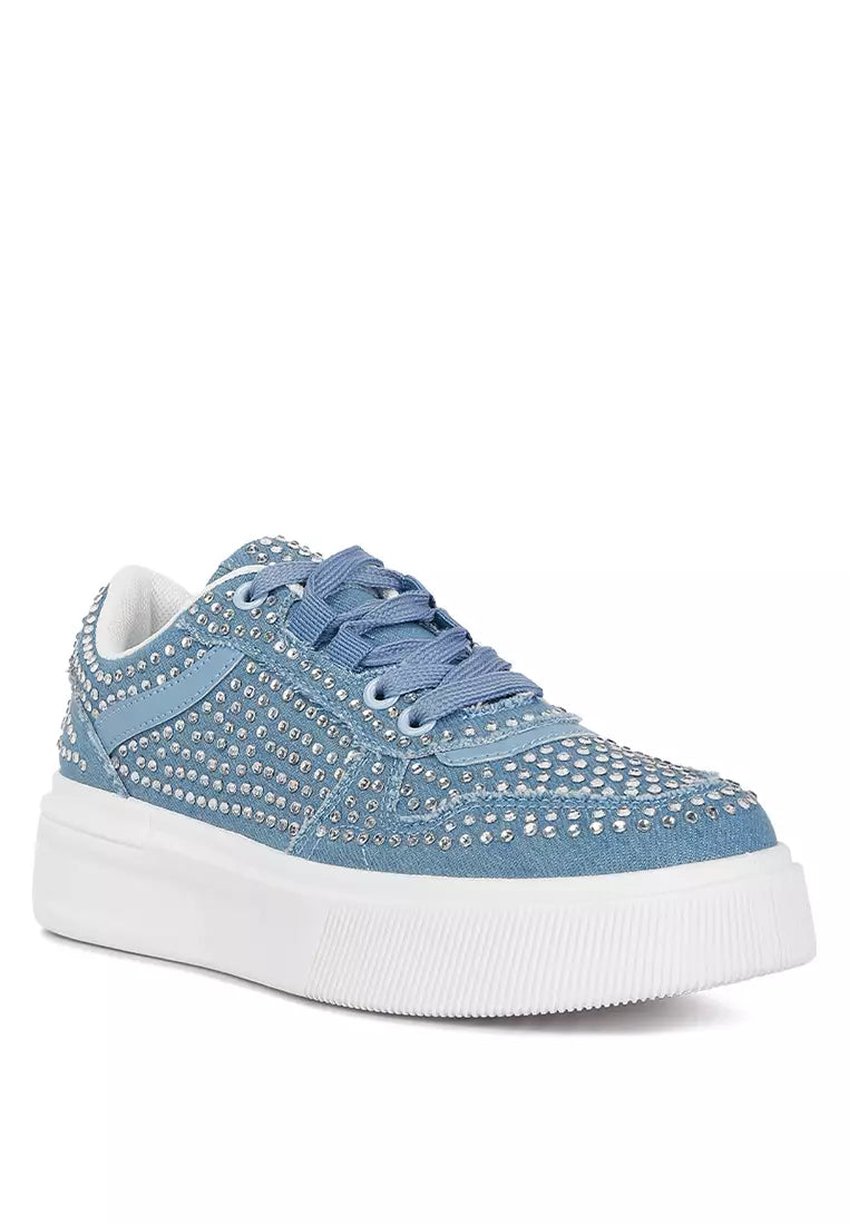 Denim Rhinestones Embellished Chunky Sole Sneakers