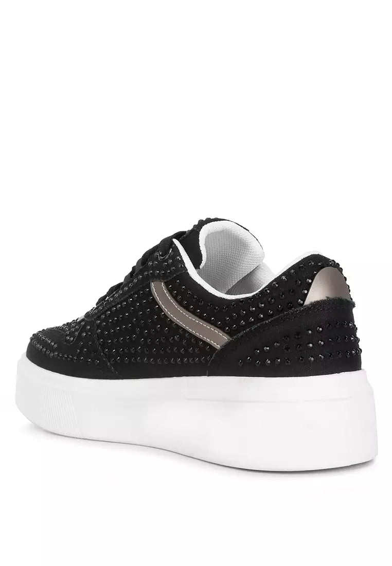 Black Rhinestones Embellished Chunky Sole Sneakers