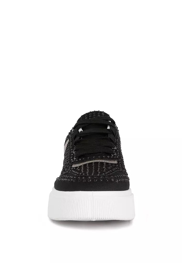 Black Rhinestones Embellished Chunky Sole Sneakers