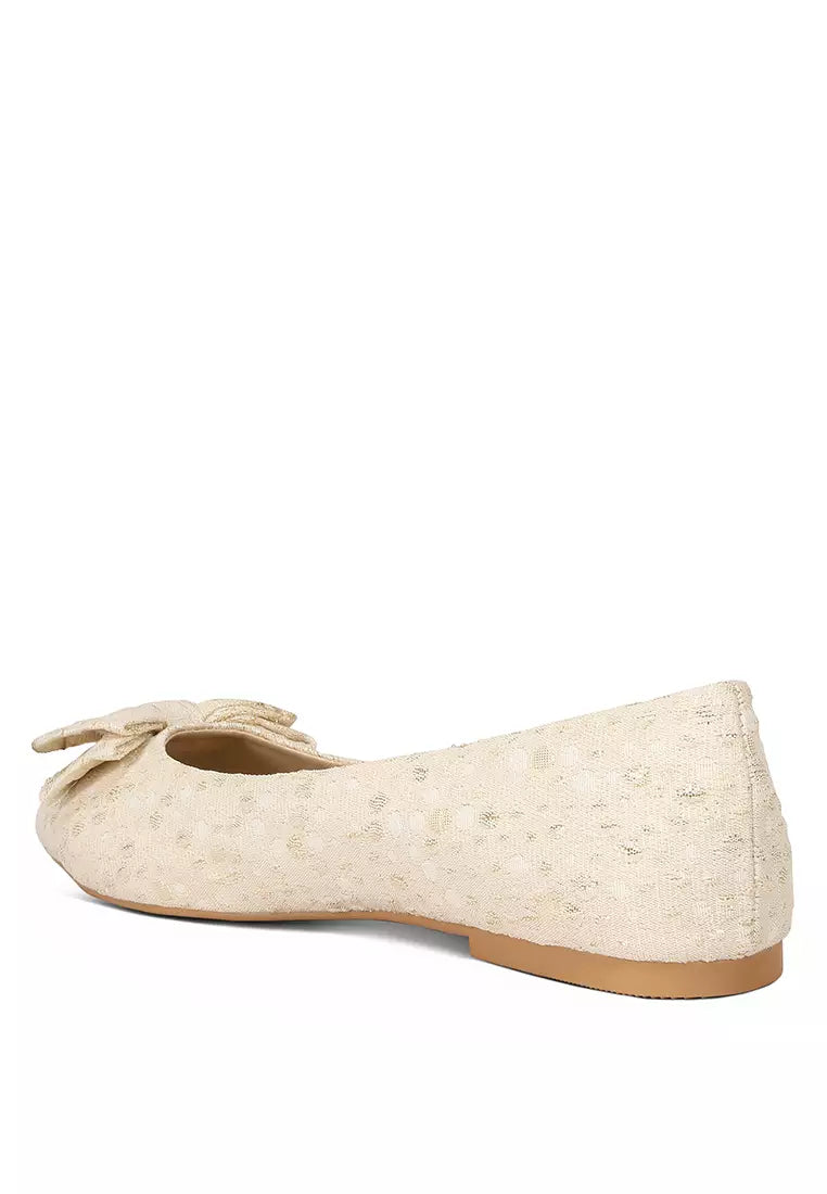 Beige Jacquard Bow Embellished Ballet Flats