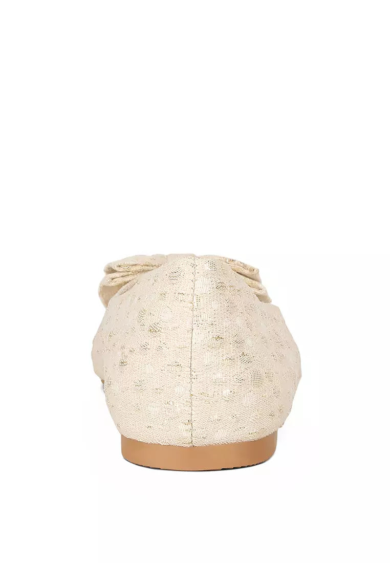 Beige Jacquard Bow Embellished Ballet Flats