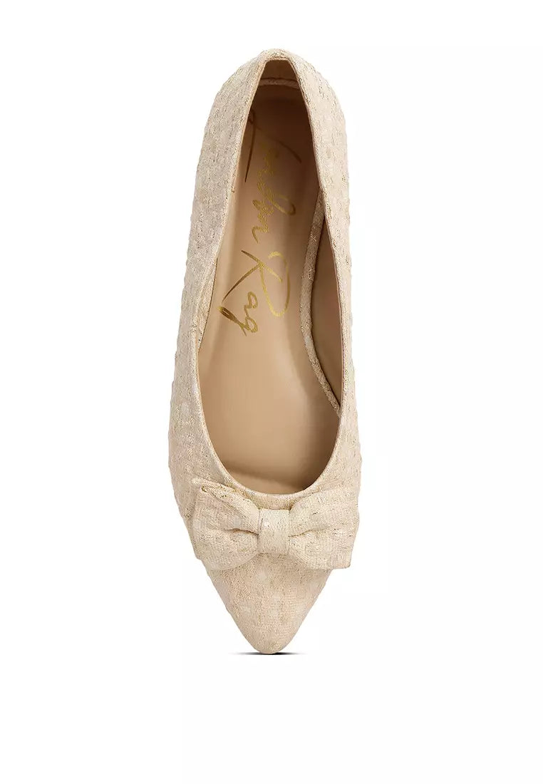 Beige Jacquard Bow Embellished Ballet Flats