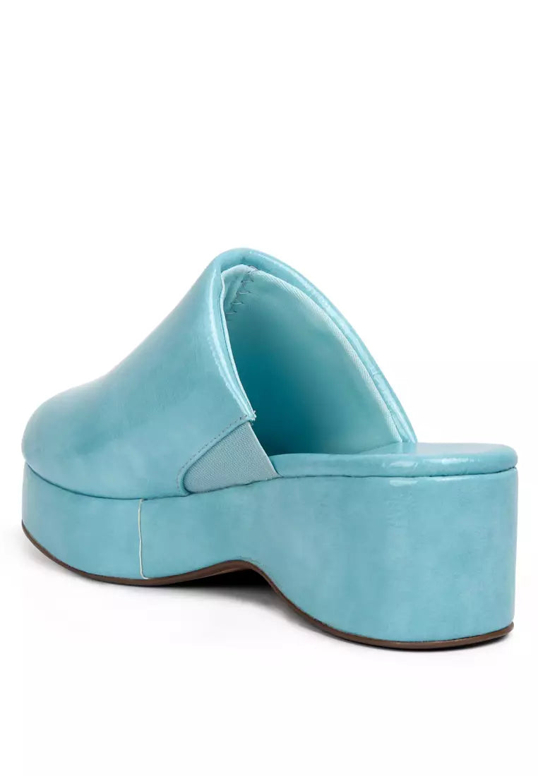 Blue Solid Platform Slip On Mules