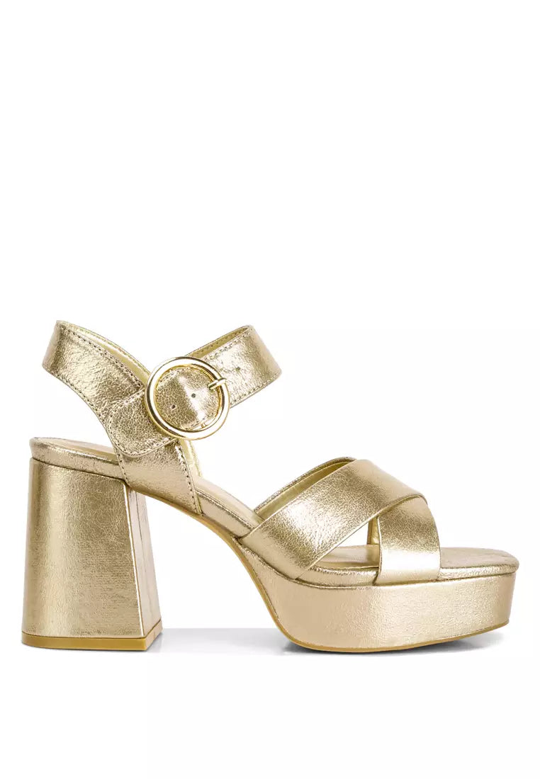 Gold Strappy Block Heel Sandals