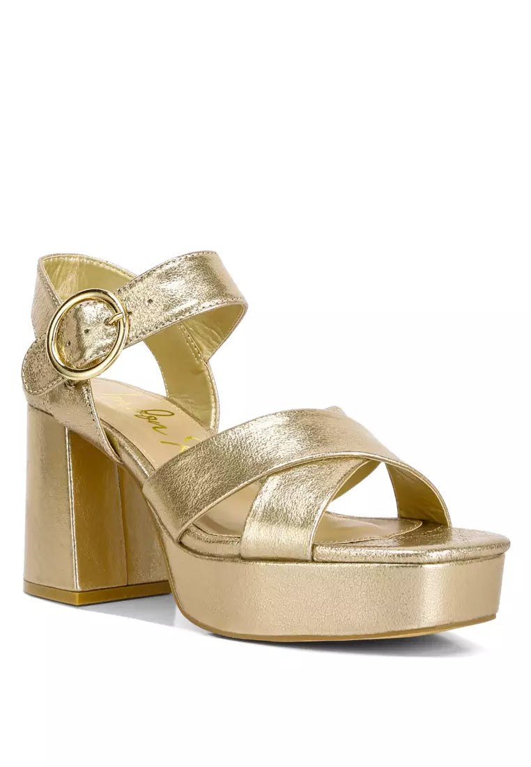 Gold Strappy Block Heel Sandals