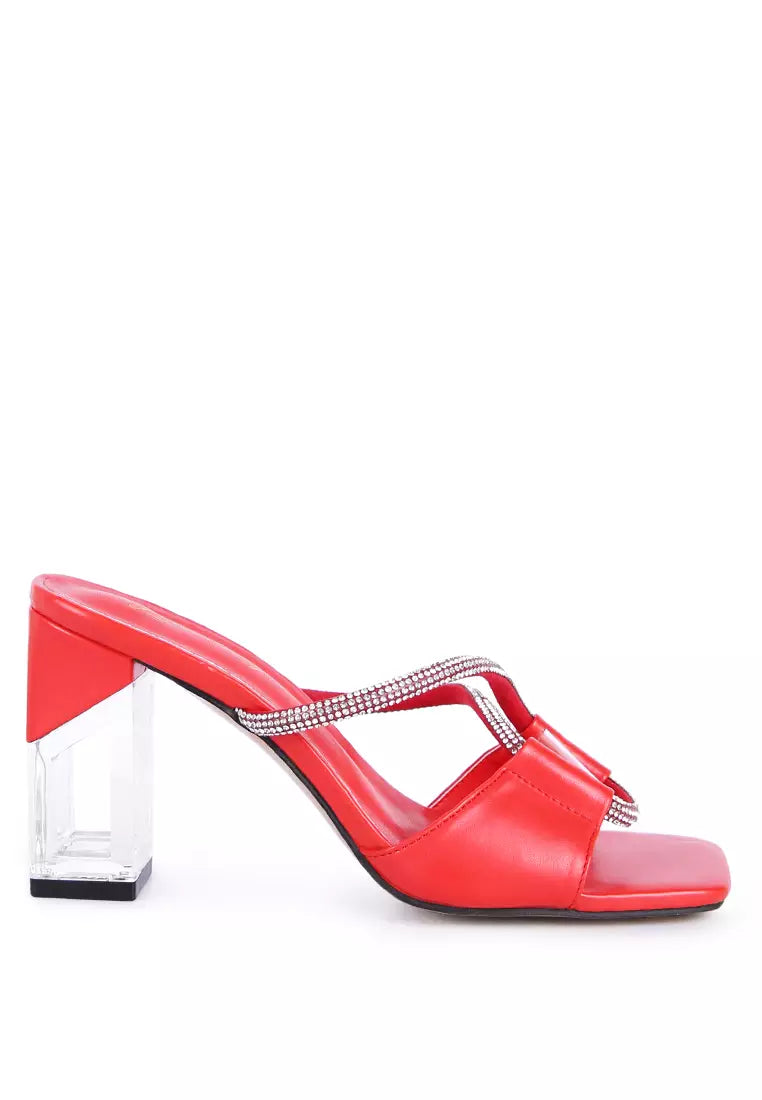 Red Crystal Loop Strap Mid Heel Sandals