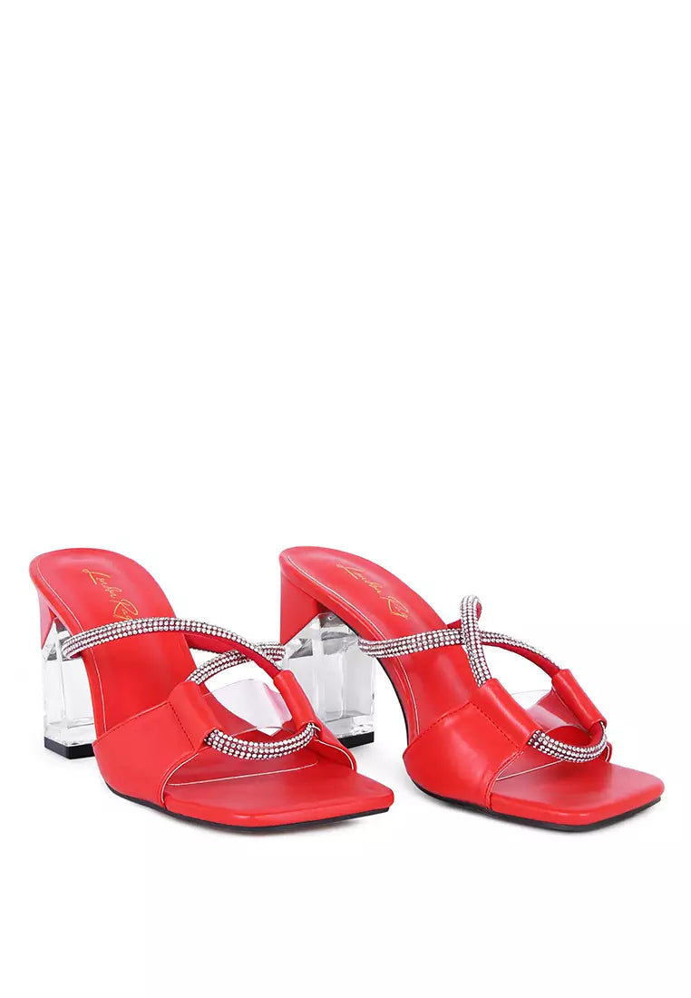 Red Crystal Loop Strap Mid Heel Sandals