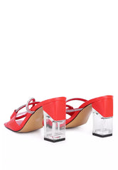 Red Crystal Loop Strap Mid Heel Sandals