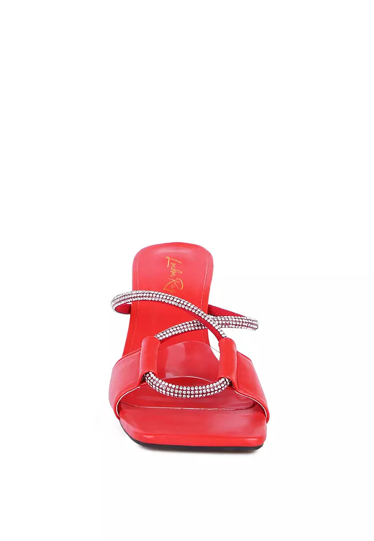 Red Crystal Loop Strap Mid Heel Sandals