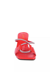 Red Crystal Loop Strap Mid Heel Sandals