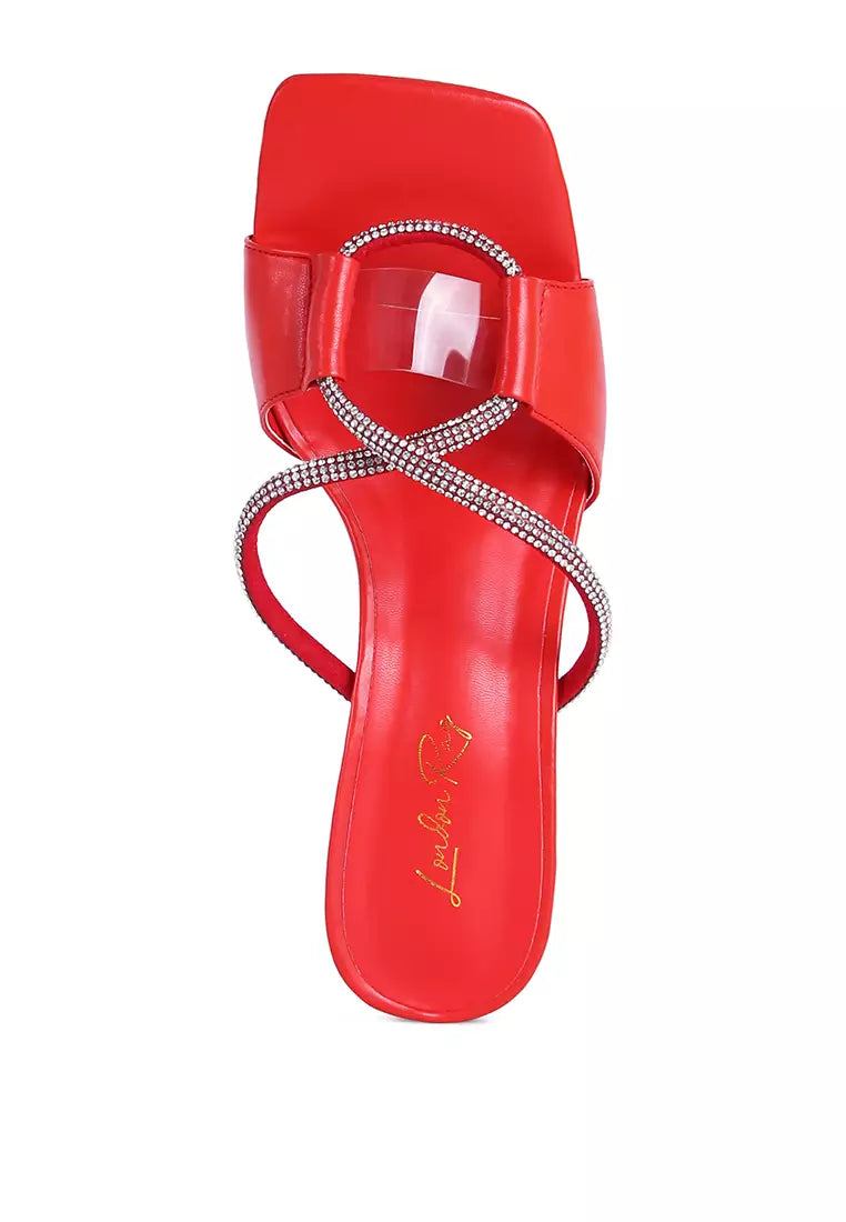 Red Crystal Loop Strap Mid Heel Sandals