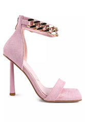 Pink Heeled Faux Suede Chain Strap Sandal