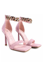 Pink Heeled Faux Suede Chain Strap Sandal