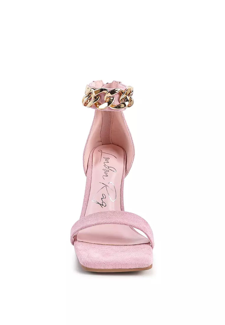 Pink Heeled Faux Suede Chain Strap Sandal