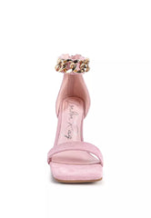 Pink Heeled Faux Suede Chain Strap Sandal