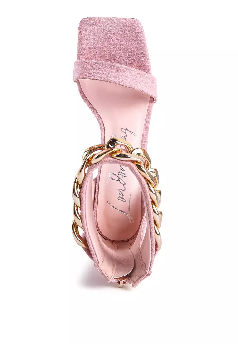 Pink Heeled Faux Suede Chain Strap Sandal